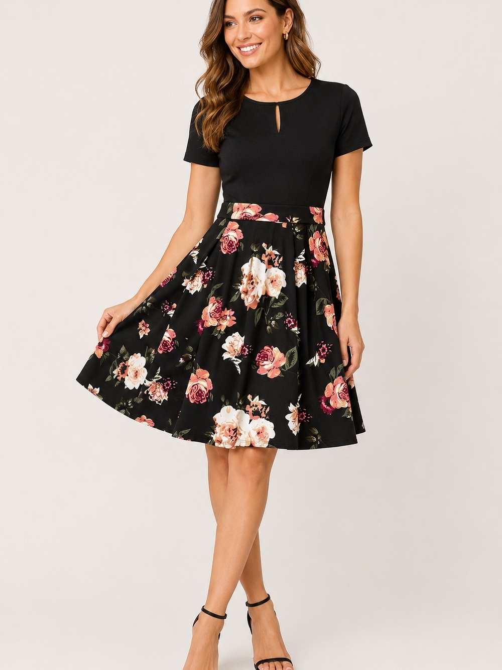 YATHON Women’s M Black Floral Fit & Flare Dress Rose Print Short Sleeve NWT